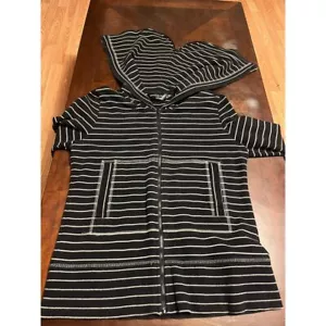 Norma Kamali Womens Hoodie Large Black White Striped Full Zip Front Pockets - Picture 1 of 9