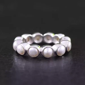 White Pearl Round Full Eternity Delicate Ring 925 Sterling Silver Jewelry - Picture 1 of 6