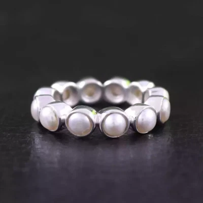 White Pearl Round Full Eternity Delicate Ring 925 Sterling Silver Jewelry - Image 1 of 4