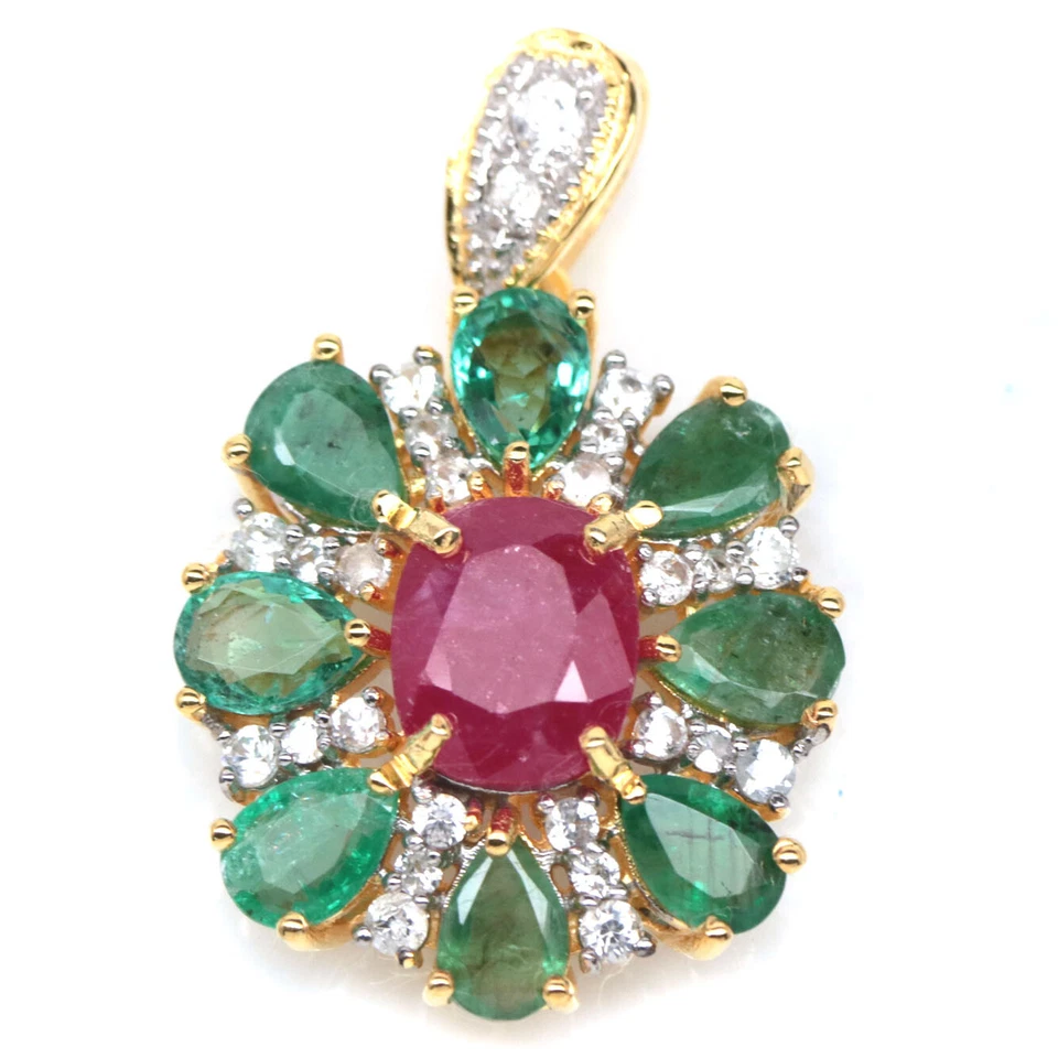 925 Sterlingsilber 7 x 10 Mm. Pink Rubin,Smaragd & Zirkonia Statement Anhänger - Bild 1 von 4