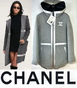 5K Chanel 2016 Gray Coat 34 36 38 2 4 6 Jacket Hood Silver Logo Grey 16a S M - Picture 1 of 22