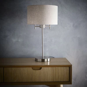 Tall Table Lamp in a Satin Nickel Finish with a Linen Lampshade Modern Design - Picture 1 of 3