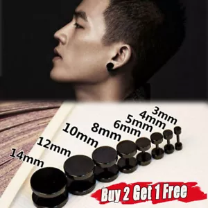 Pair Black Round Stud Stainless Steel Ear Studs Earrings Barbell Men Women *UK* - Picture 1 of 16