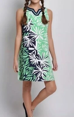Vestido recto Lands End para niñas estampado tropical Preppy azul marino/verde algodón, talla 12 Foto 1 de 4