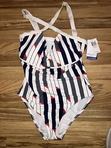 Nautica Damen-Badeanzug gekreuzter Rücken einteilig Schwimmen Größe 10 weiß marineblau neu mit Etikett - Bild 1 von 4