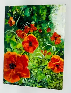 Original Künstler signiert Orange Mohn Ölgemälde Tafel Blumen Rabe Spatz - Bild 1 von 9
