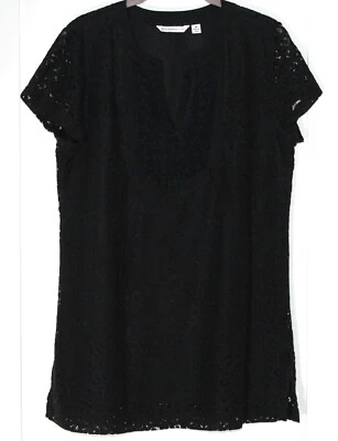 Isaac Mizrahi Live! Women's Short Sleeve Mixed Lace Lined Tunic Top-M - Black 🌺 - Image 1 of 4
