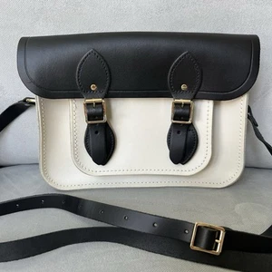 RARE Cambridge Satchel Co. 11-inch Classic Leather Black White Satchel Magnetic - Picture 1 of 16