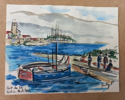 Tableau Marine : Le Port de la Salis ANTIBES Signé F. MONTY - Photo 1/4