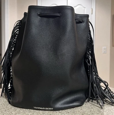 VICTORIA SECRET Fringe Drawstring Bag Backpack Purse Black Faux Leather Boho - Image 1 of 4