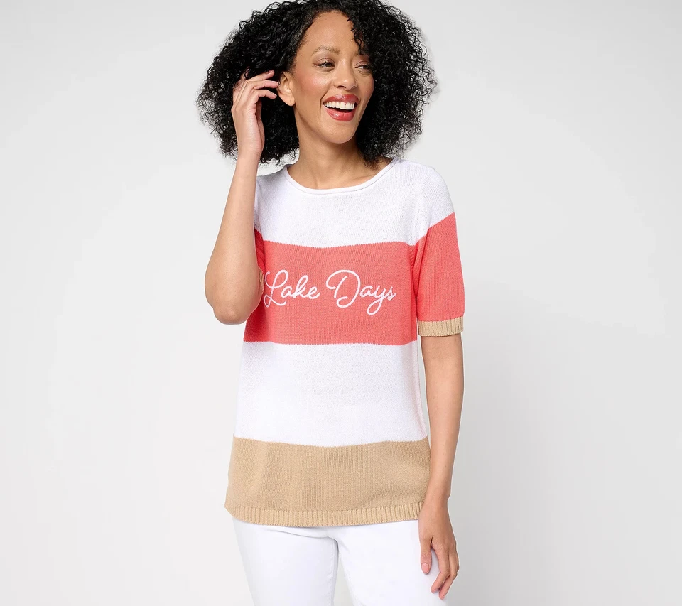 Denim & Co. Beach 100% Cotton Elbow Sleeve Sweater-Lake Days-2X  A687473 - Image 1 of 1