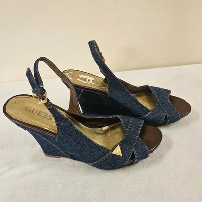 Guess Blue Denim and Brown Leather Wedge Sandals with Slingback Women Size 8.5 - Image 1 of 4
