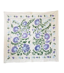 TABLE TOP - WALL HANGING - UZBEK SQUARE SUZANI - SILK EMBROIDERY ON COTTON - Picture 1 of 9