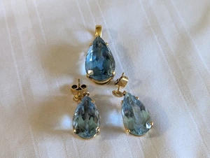 18K yellow gold Brazilian blue topaz pendant pierced earrings set weighs 15.6g - Picture 1 of 8