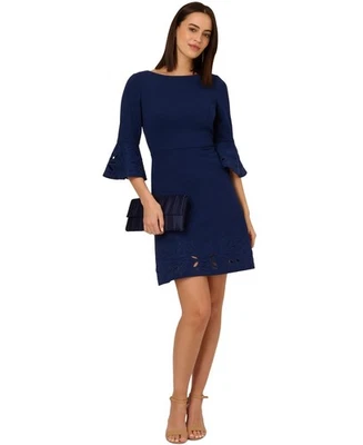 Adrianna Papell Dress Navy Sateen Knit Crepe Combo, Size 10 - Image 1 of 3