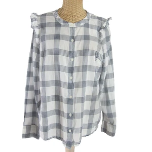 J Crew Womens Large Black White Check Plaid Ruffle Cotton LS Blouse Shirt L - Picture 1 of 12