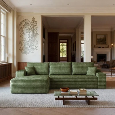 107"Green Plush L Shaped Sectional Couch Corduroy Boneless Sofa with Left Chaise - Image 1 of 4