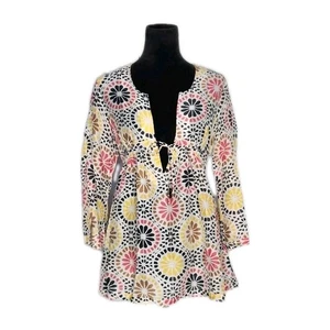 Diane von Furstenberg Silk Cotton Blend Tunic Top Cover Up White Multi Medium - Picture 1 of 8