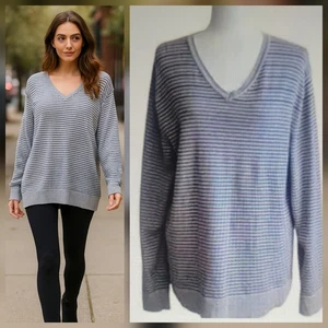 Alfani Striped V Neck Cotton Sweater Over-Sized Boyfriend Style Unisex Large - Picture 1 of 8