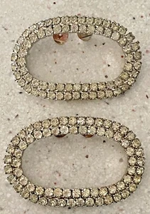 Vintage Shoe Clips Rhinestone Round Oblong Oval Prong Set Silver Tone Backing - Picture 1 of 4