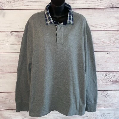 J Crew Always Sweater Mens L Gray Oarsman Henley Long Sleeve Blue Plaid Trim B57 - Image 1 of 4