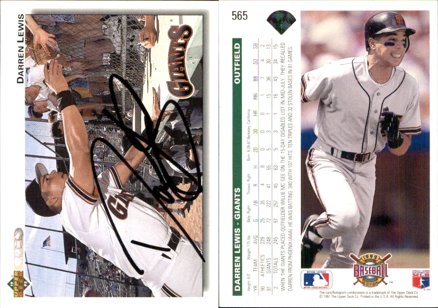 Darren Lewis Signed 1992 Upper Deck #565 Card San Francisco Giants Auto AU