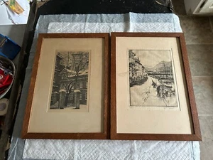 2 Antique Engraving Prints in Fine Original Oak Frames Curt Szekessy Nice France - Picture 1 of 13