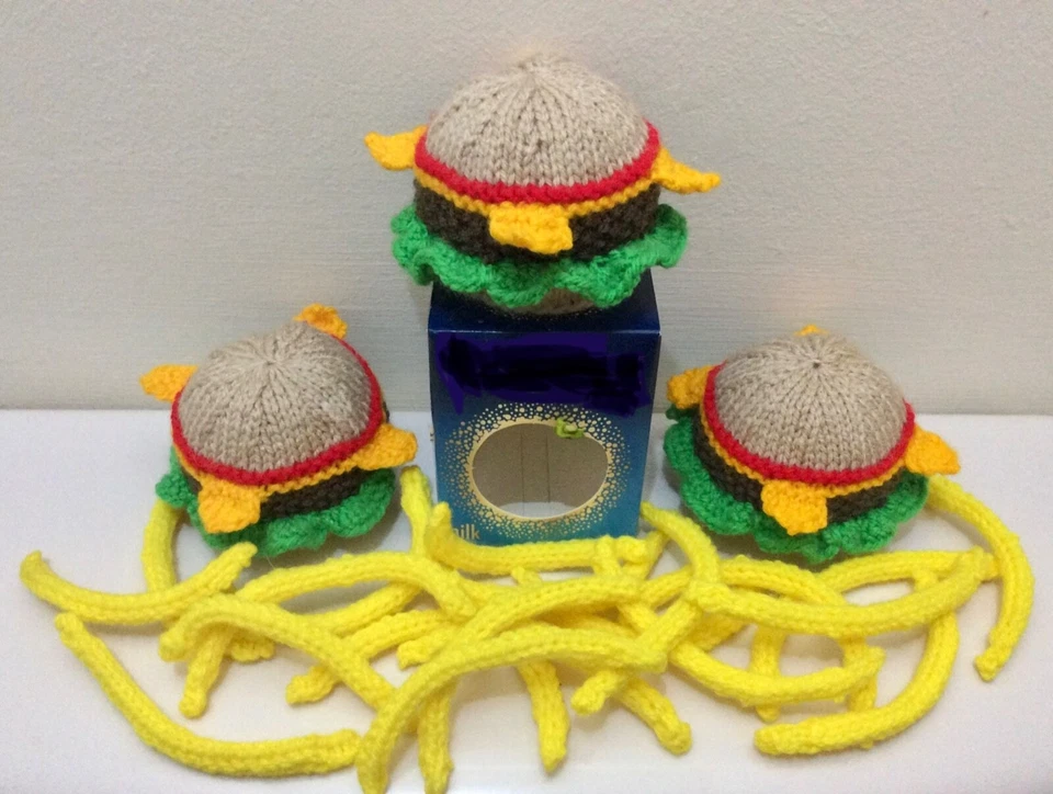 BURGER AND FRIES  Chocolate orange cover  knitting pattern ONLY - Image 1 of 1