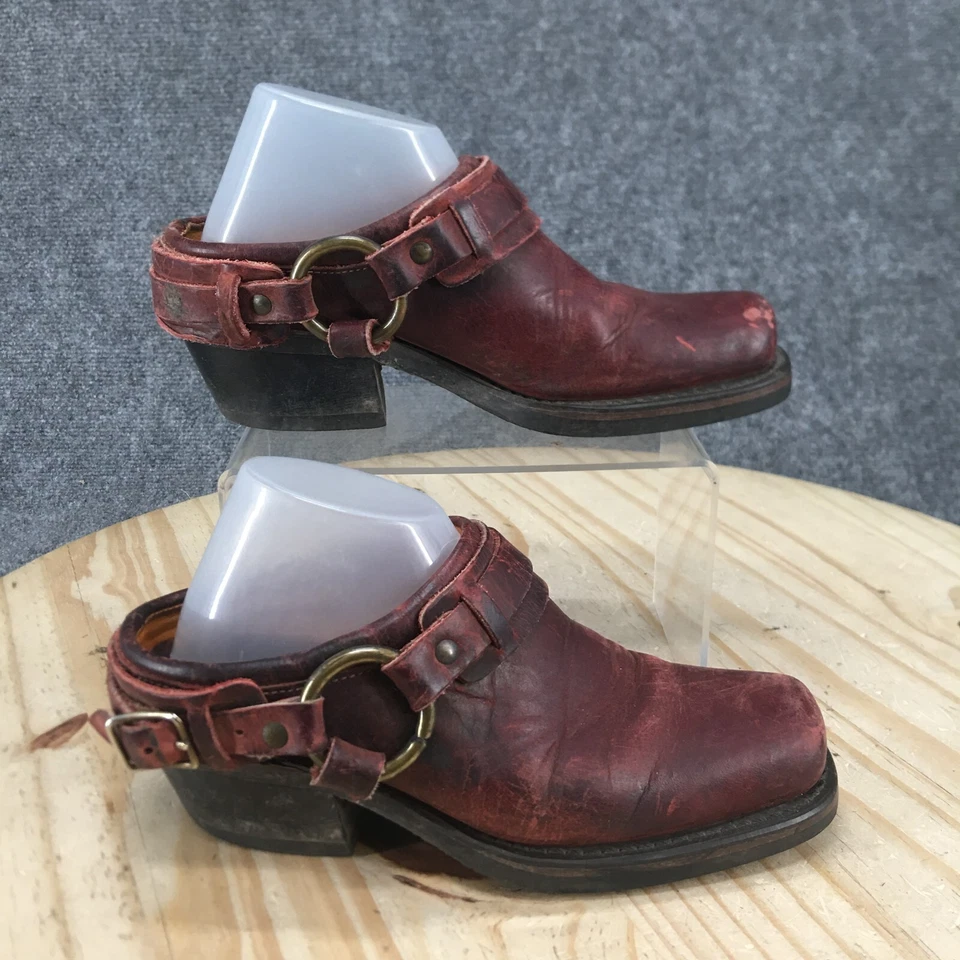 Zapatos Frye para mujer 5,5 M zuecos con cinturón cuero borgoña punta cuadrada bloque cómodo Foto 1 de 4