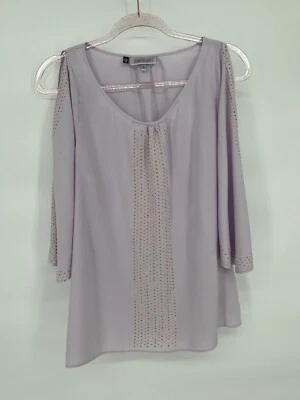Jennifer Lopez Rayon Light Pink Blouse Women's Sz M Cold Shoulder Gold Studs - Image 1 of 4