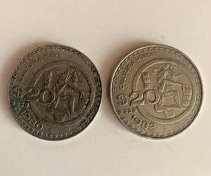 Two 1980 - 82 Mexico Mexican 20 Pesos Mayan Culture Coin - Picture 1 of 9