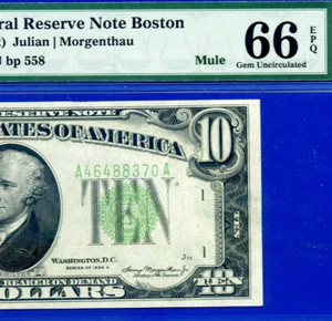 1934A $10 Federal Reserve Note - PMG 66EPQ - Top Pop Highest Graded Boston Mule - Picture 1 of 4
