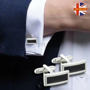 Luxury Men's Black Rectangle Cufflinks Silver Plated Formal/Wedding Cuff Links - Picture 1 of 12