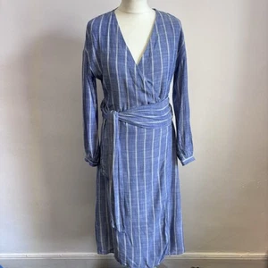Sezane Midi Dress Size 36 UK 8 Blue Stripe Wrap Lined Long Sleeve Classic - Picture 1 of 9