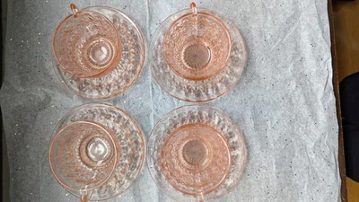 4 Sets of Holiday Pink Buttons & Bows Pink Cups And Saucers- 8 Pieces Total - Image 1 of 4