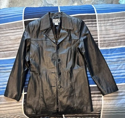 Chaqueta Preppy Clásica Vintage CLIO Cuero Hasta el Muslo Negra Grunge Años 90 Talla 10 Foto 1 de 4