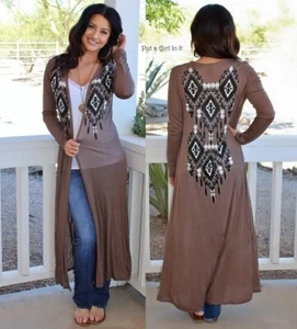 USA neu Vocal Damen CRYSTAL TAUPE WESTERN AZTEKEN WICKEL CARDIGAN GLITZER STAUBTUCH S M - Bild 1 von 7