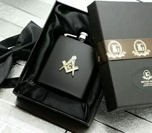 FREIMAURER Flachmann Luxus Geschenkbox Wappen Abzeichen schwarz Stahl FREIMAURER jede Loge - Bild 1 von 4