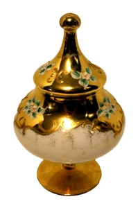 Large Hand Painted Covered Glass Candy Jar Gold With Flowers NO RESERVE - Picture 1 of 8