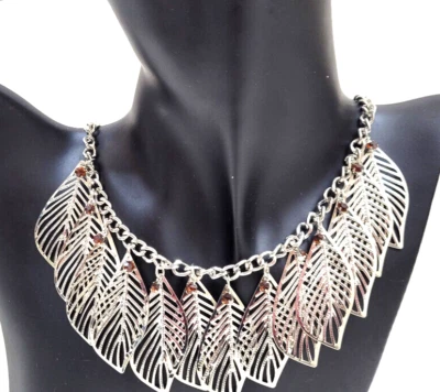 Necklace and Earrings Set Silver Tone Feather Design Amber Rhinestones Bling - Imagem 1 de 4