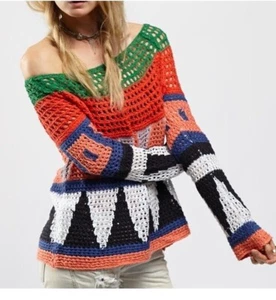 Free People Open Knit Crochet Knit Sweater Modern Art Geometric Gr. M - Bild 1 von 9