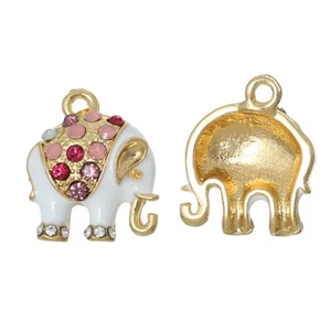Elephant Charms 5pcs - White Enamel - Coloured Rhinestone - Gold Tone - 18mm - Picture 1 of 4