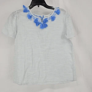 Poppet & Fox Blue White Striped Top With Embroidered Tassel Neckline Girls Sz 14 - Picture 1 of 6