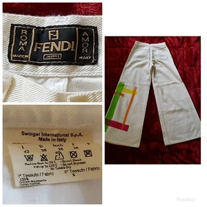 RARE Vintage 90's Fendi White jeans Pants Flare bottom Spellout UNISEX 28x32 - Picture 1 of 12