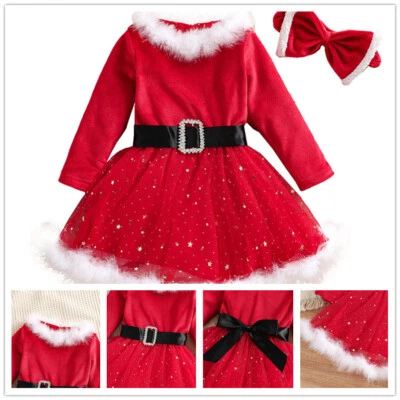 Niños Niñas Vestido de Navidad Rojo Vestidos de Papá Noel Juegos con disfraces Disfraz de Navidad Brillante Foto 1 de 4