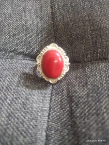 Coral Red Gemstone 926 Sterling Silver Beautiful Simple Women's Ring Sz 6.5 - Picture 1 of 4