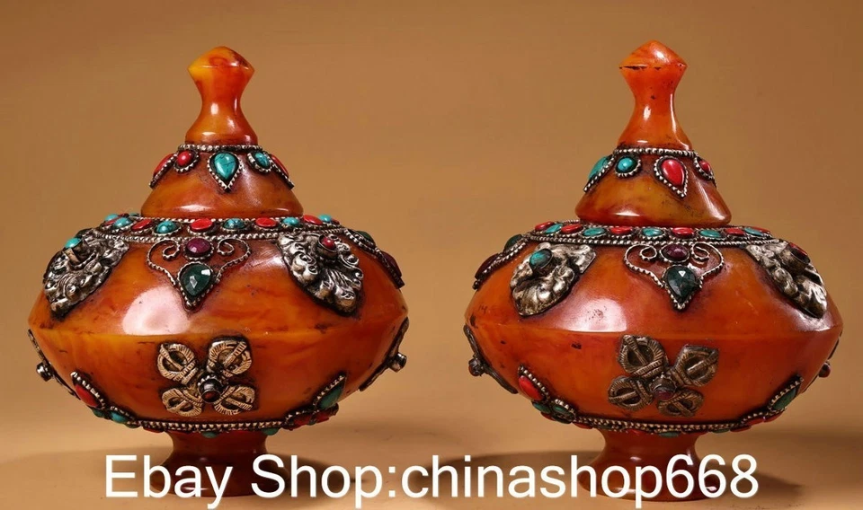 5.2英寸旧藏琥珀银佛教花朵八宝罐一对 — 第 1/4 张图片