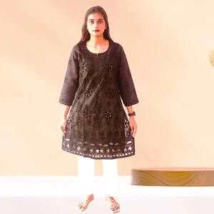 Women’s Cotton Net Chikankari Embroidered Kurti –Semi-Transparent Straight Kurta - Bild 1 von 35