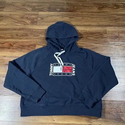 Tommy Hilfiger 海军蓝 连帽衫 签名 旗帜 标志 女式 LG 方形 适合裁剪 — 第 1/4 张图片