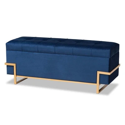 Baxton Studio Navy Blue Velvet Upholstered and Gold  Finished Storage Ottoman - Image 1 of 4